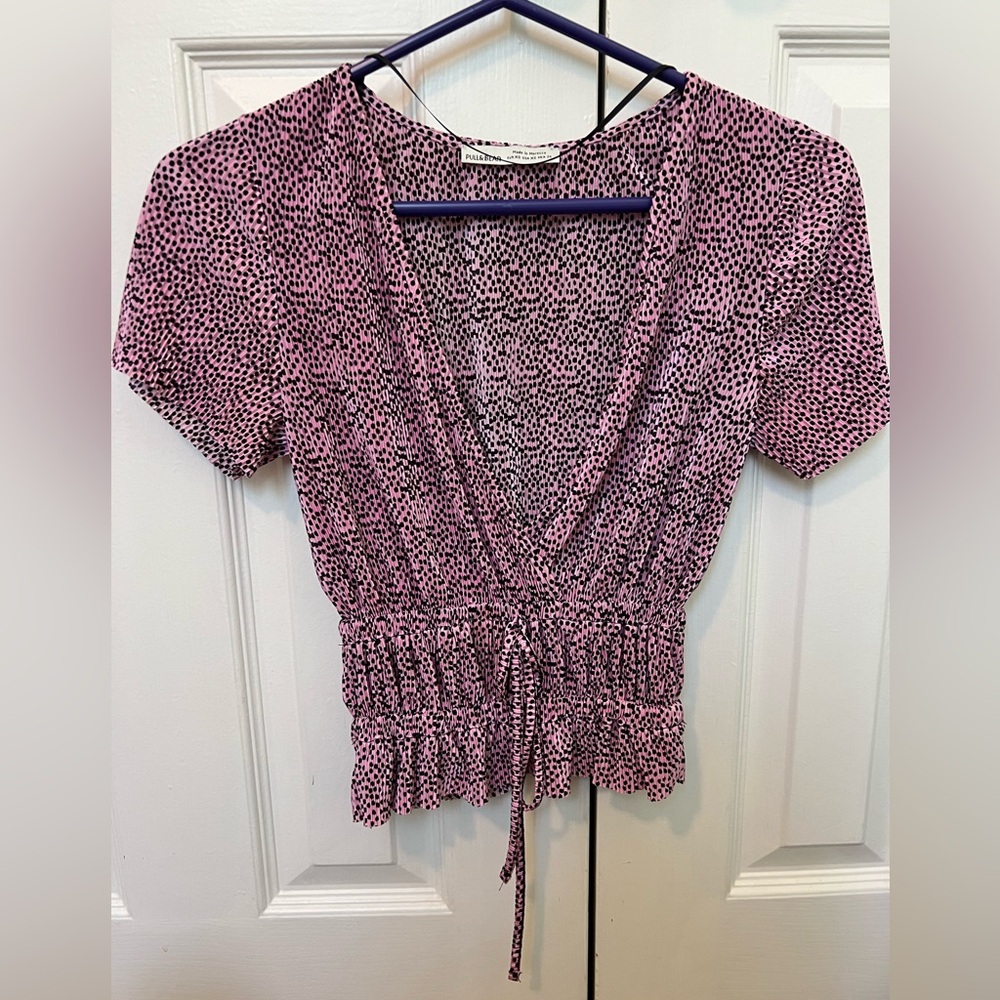Pull & Bear pink and black polka dot v-neck pleated tie top